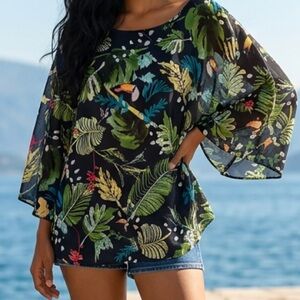Chico's Tropical Toucan Resort wear Sheer Poncho Cover up Blue Green Red Boho L